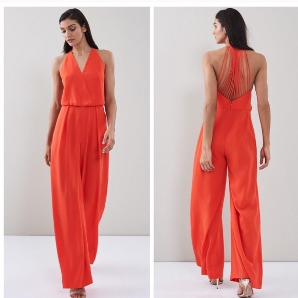 Reiss Jumpsuit Strappy Back V Neck 8 Orange EUC